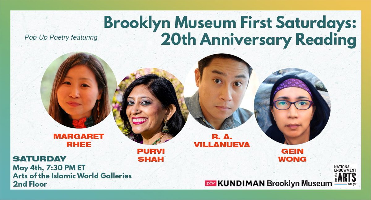 Hear @mrheeloy, @PurviPoets, @caesura, & Gein Wong read at the @brooklynmuseum. We're excited to honor Kundiman's past, present, and future with these poets who have been with us from the start.❤️‍🔥 Saturday, May 4th, 7:30 PM ET. RSVP required. kundiman.org/calendar-1/bro…