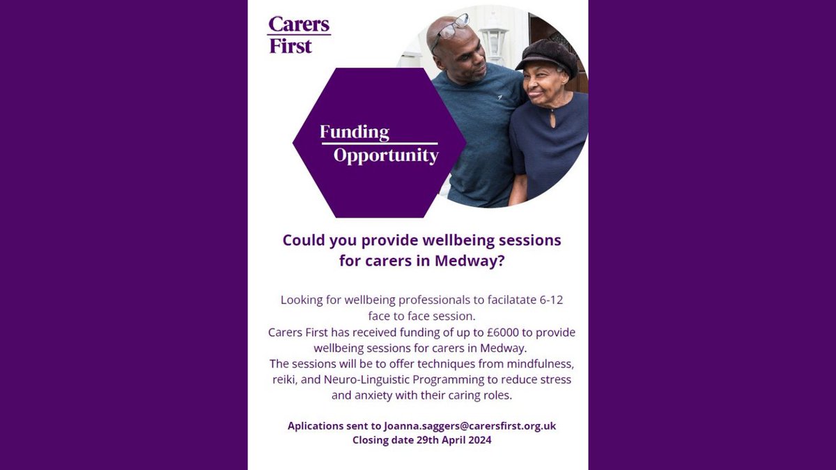 Carers First are looking for people able to provide wellbeing sessions for Medway carers experiencing high levels of stress/ mental health challenges- especially those aged 16-25. The closing date for applications is 29th April 2024. Please see the below for more information.