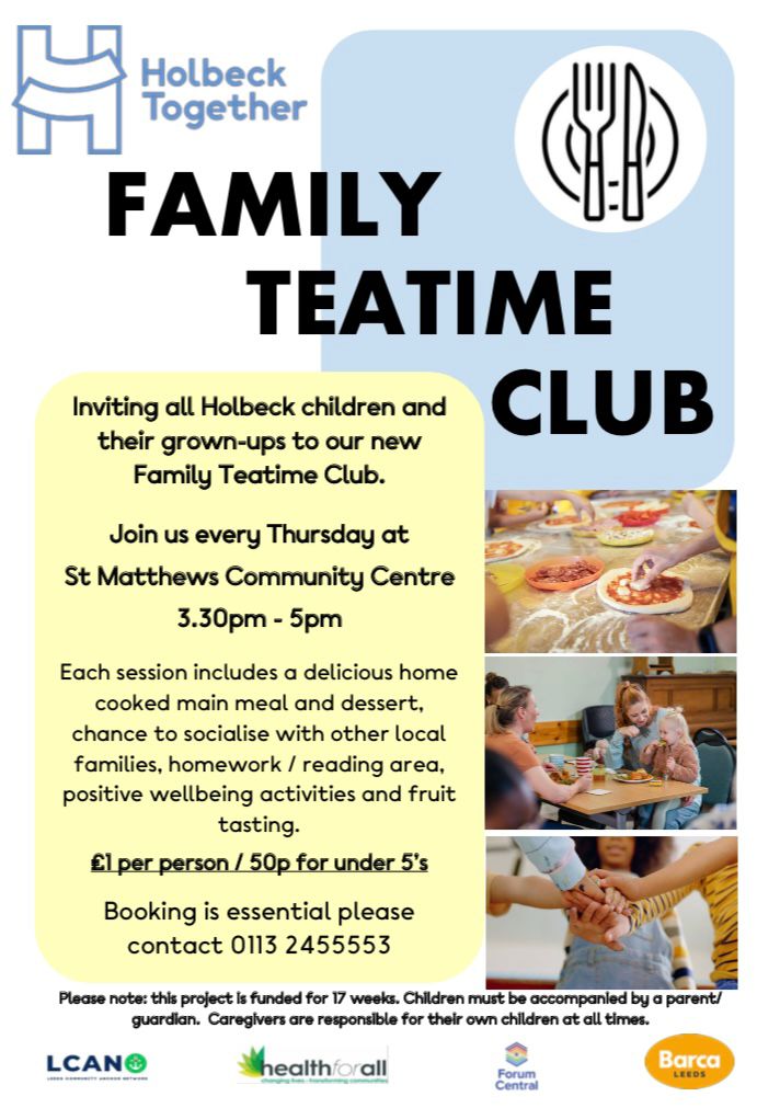 🍽 Family Teatime Club 🍽 📆Join us every Thursday at St Matthew’s Community Centre 3.30pm till 5pm. ⭐️ Starting Thursday 2nd May. ✅Meals cost £1pp or 50p for children under 5. Booking is essential Call 0113 2455553 to book We can’t wait to welcome you all😀