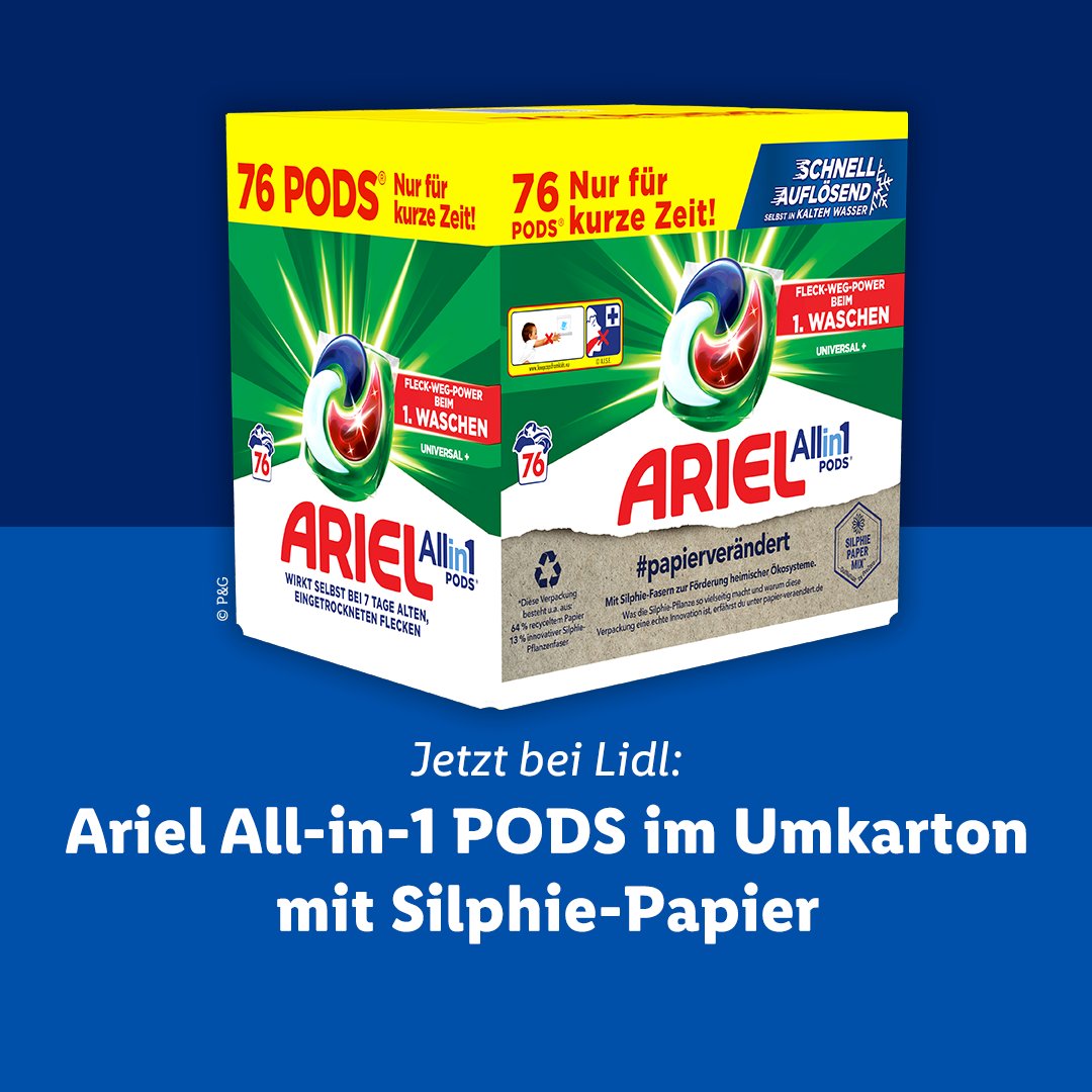 P&G und der Umweltdienstleister #PreZero präsentieren eine weitere neue Verpackung: Ariel verwendet erstmals 13 Prozent Fasern der Silphie-Pflanze für den Umkarton eines Großgebindes mit 76 PODS. Die Sonderedition ist ab heute bei Lidl im Aktionssortiment erhältlich