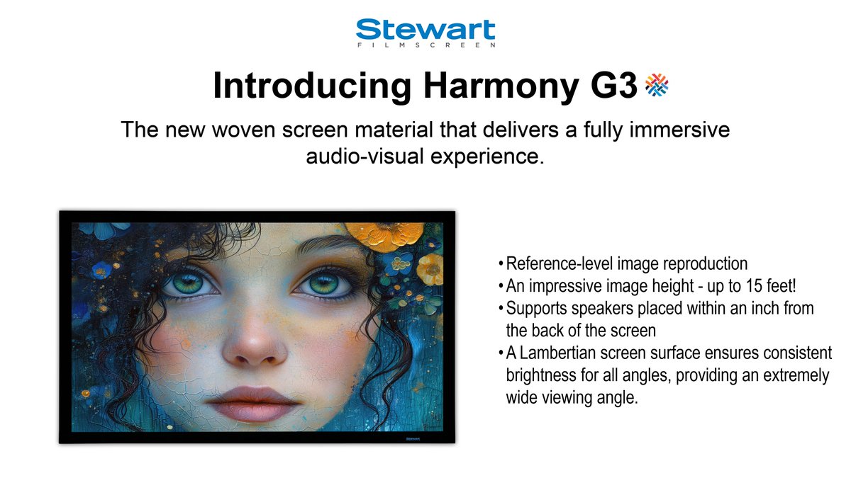 Harmony G3 is a new acoustically transparent projection screen material that offers reference-level image reproduction and an expansive canvas for your customer's content (up to 15 feet). #stewartfilmscreen stewartfilmscreen.com/en/materials/h…