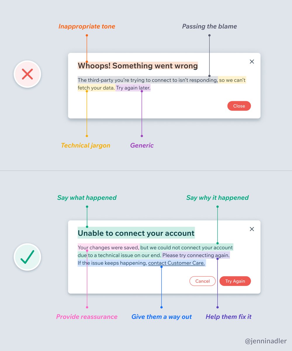 🚨 Error message design tips

✅ Say what happened and why
✅  Provide reassurance
✅  Be empathetic
✅  Help them fix it

See how the Wix team improved 7,643 error messages in their product 🤯

Link below 👇

by @jenninadler

#uxdesign #copywriting #uxui