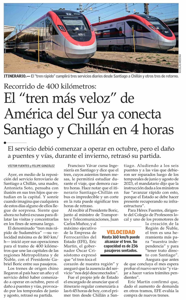 Nota de Elmer respecto a la inauguración de la Longa-Bala hacia Chillán. Nótese que al final de la nota se dice que EFE está evaluando la compra de nuevos trenes ante aumento de la demanda. Claro que se necesitan! #TrenesParaChile