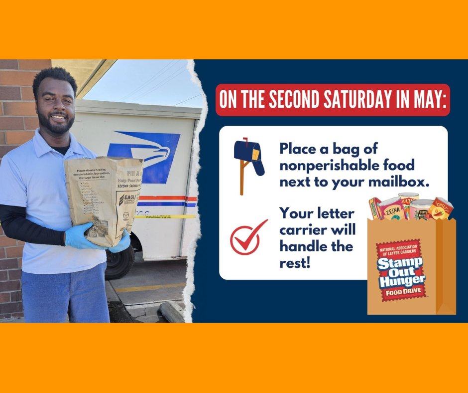 Don't forget to mark your calendars for May 11 and leave nonperishable food donations by your mailbox. All food donated in New London County goes to our Gemma E. Moran United Way/Labor Food Center and member pantries. @StampOutHunger #LiveUnited #BasicNeeds #StampOutHunger