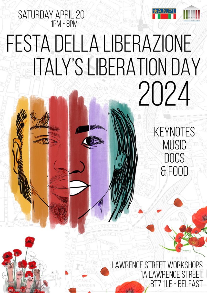 Join us on Sat 20 April at the Lawrence Street Workshops in Belfast to celebrate Italy's Liberation Day with a day of talks, music and food. Everyone welcome! More details below.