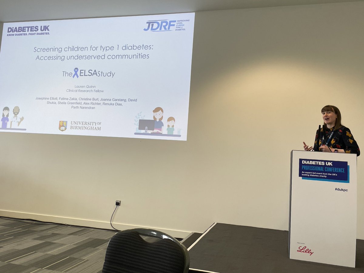 Just heard @Dr_LaurenQuinn present at #DUKPC on @elsadiabetes, a project #screening children for #Type1Diabetes which is co-funded by @JDRFUK and @DUK_research 🤝💙 Learn more and sign up: jdrf.org.uk/research_proje…