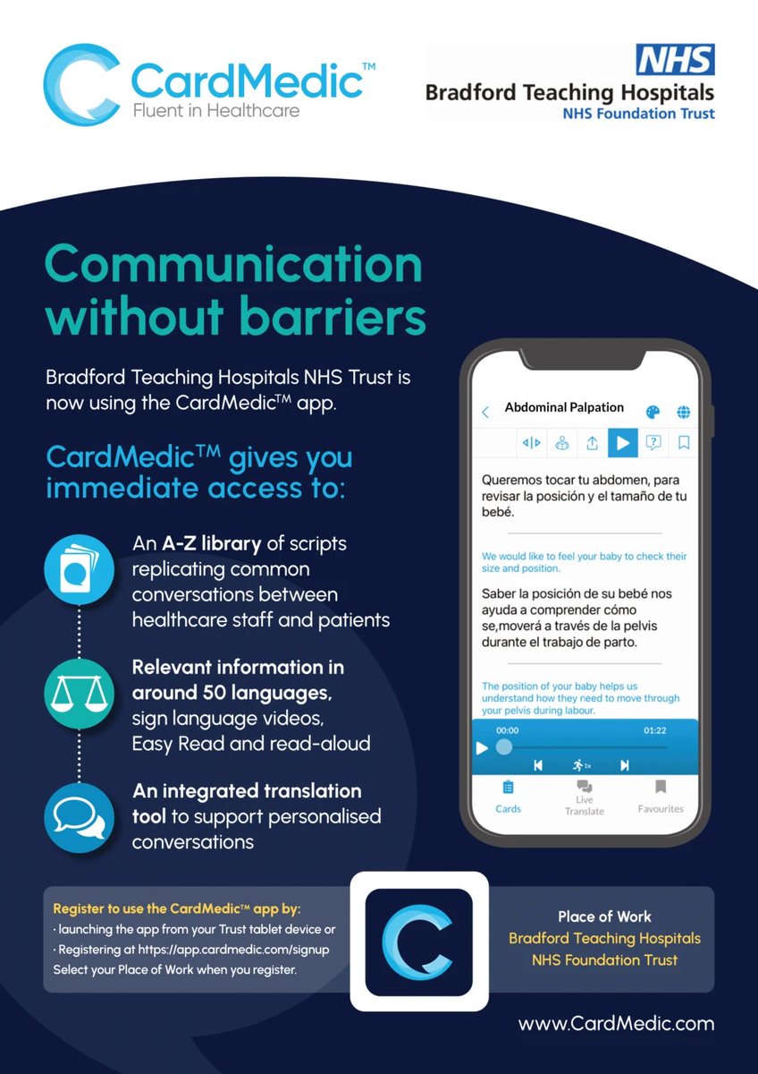 Good communication = good care, so we're delighted to launch a new language translation app @BTHFT! CardMedic boosts our existing interpreting service and is another great innovation to improve patient care tinyurl.com/58eesj2z #TeamBradford @karendawber @ActAsOneBDC