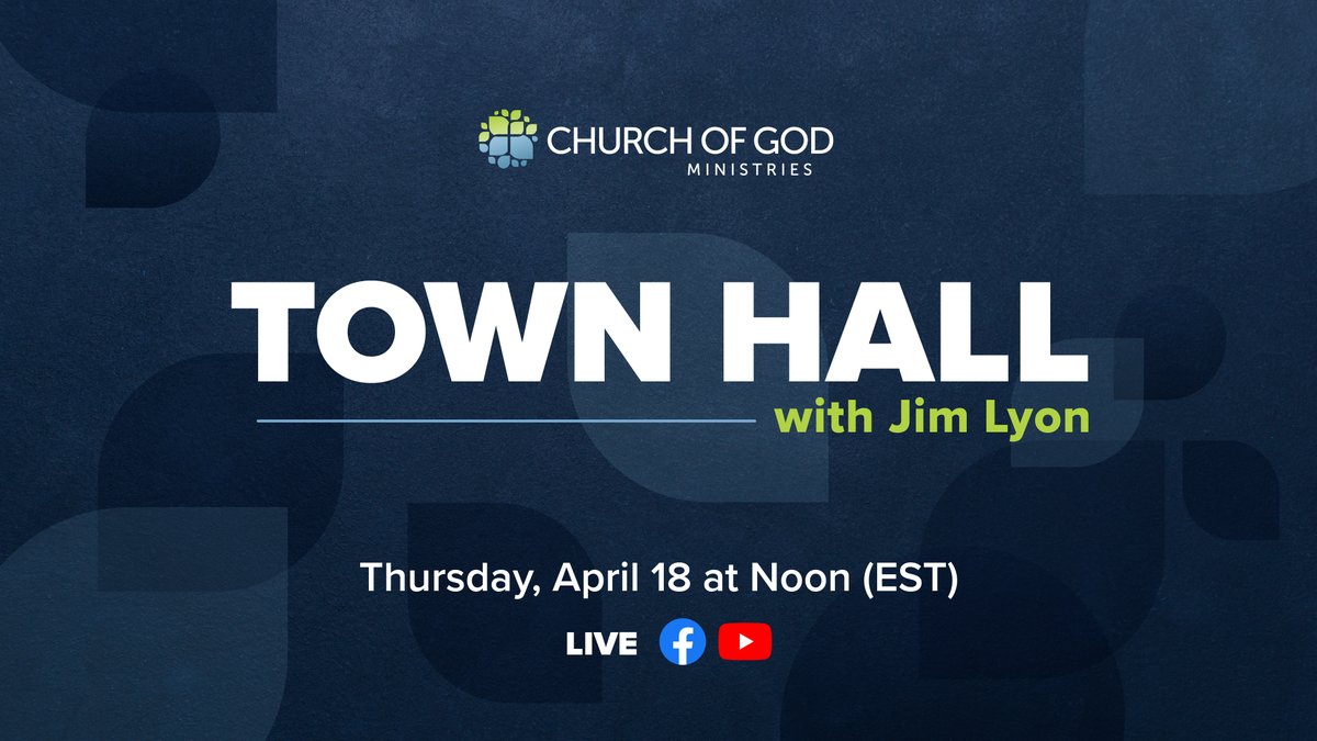 🚨 REMINDER: Join us TODAY at Noon (EST) with @PastorJimLyon, General Director of Church of God Ministries, and special guest David Hughes for another #TownHall LIVE. Join us as we discuss IYC and celebrate 100 years of #LifeChange! #JesusIsTheSubject