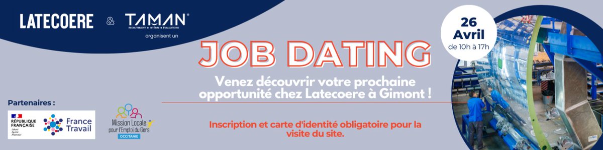 LatecoereGroup's tweet photo. #AjusteurMonteur : vendredi 26 avril, participez à notre prochain #JobDating organisé sur notre site industriel de #Gimont dans le #Gers.
Info + inscription : https://t.co/xI0q4uBEQc
#LAeroRecrute https://t.co/jysxr2Uno3