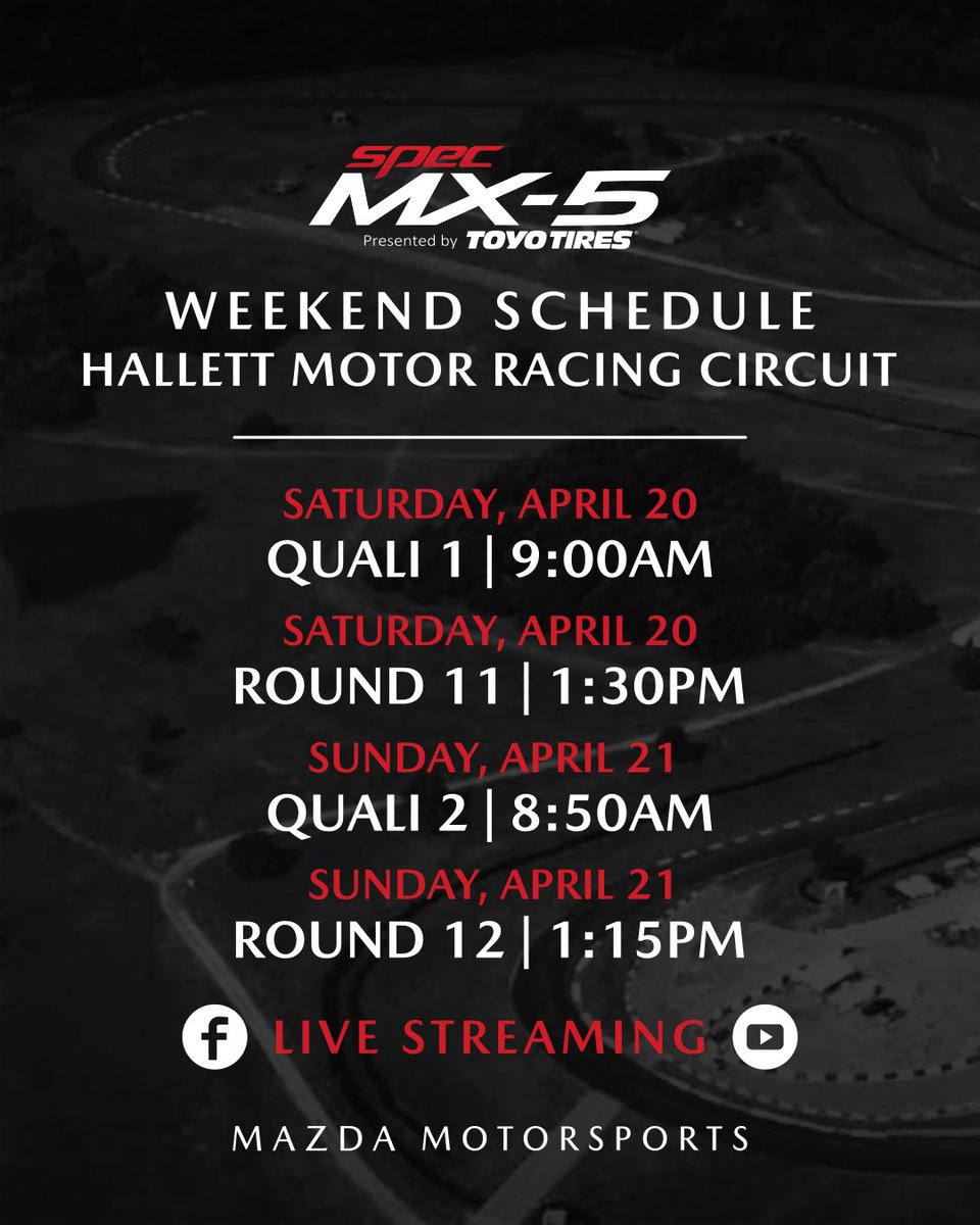 Check out the times we’ll be on track this weekend! Make sure you tune into the @SCCAOfficial livestreams on either their Facebook or YouTue pages 👀 #SpecMX5