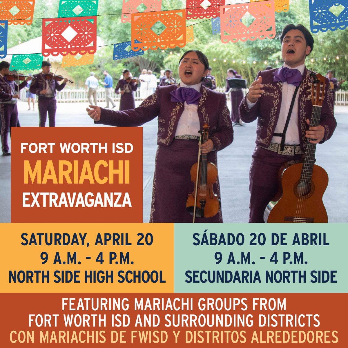🎶 Mark your calendars for this Saturday, April 20th! 🎉 Join us at North Side High School for a special mariachi event from 9 AM to 4 PM! 🌟 You'll hear amazing mariachi groups from FWISD and nearby schools. It's going to be a blast! Don't miss it! #Mariachi #FWISD 🎺🎻🎶