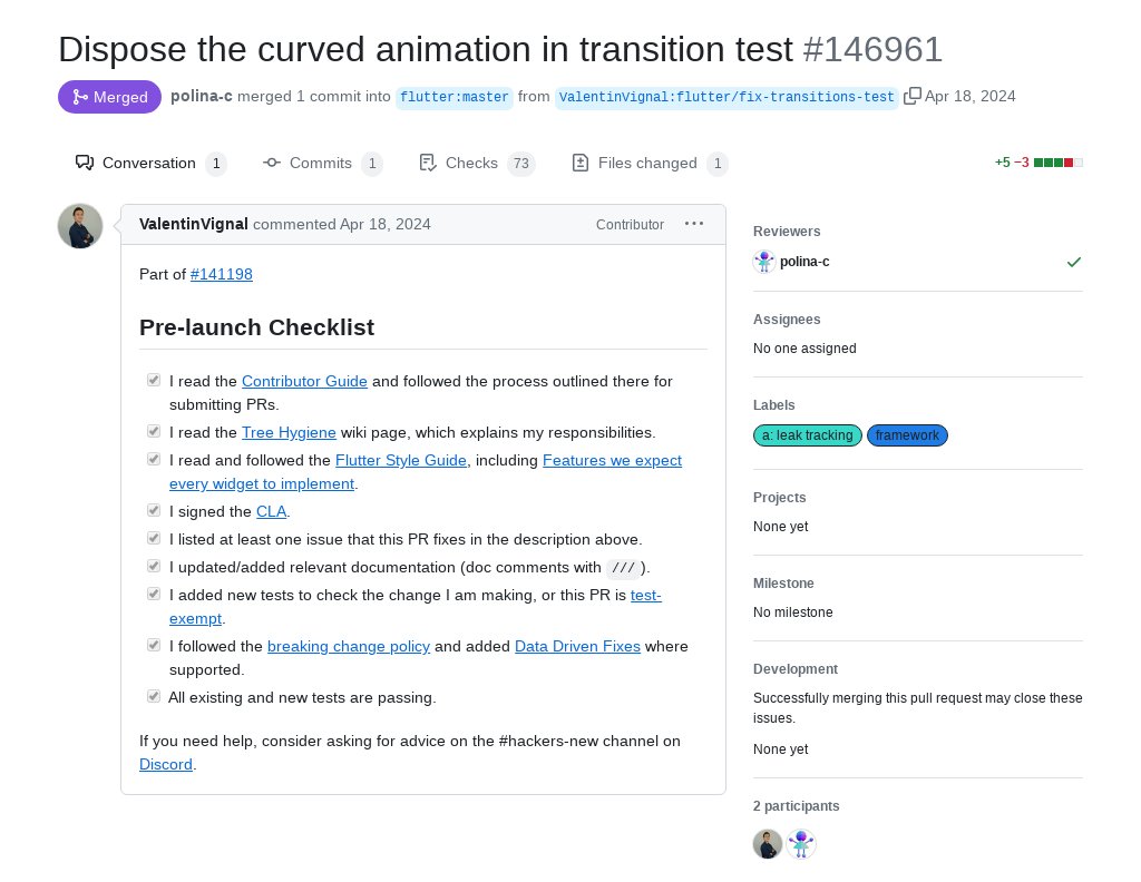 'Dispose the curved animation in transition test' by @VignalValentin1 was merged into #Flutter master github.com/flutter/flutte…