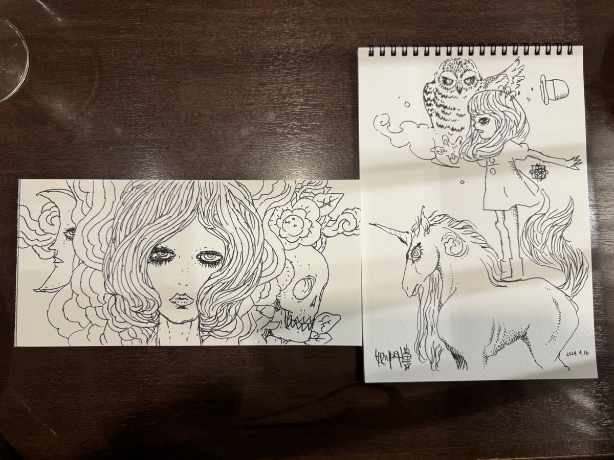 その後カフェで #寺田亨 &amp; #姫川明輝 で<#宇野亜喜良展 その後の印象お絵描き会>をコラボ。かなりソレっぽくなってません⁈すばらしいARTが出来上がったと思うのですが‼︎とても良い記念になりました。
寺田先生岡田先生ありがとうございました〜❣️ 