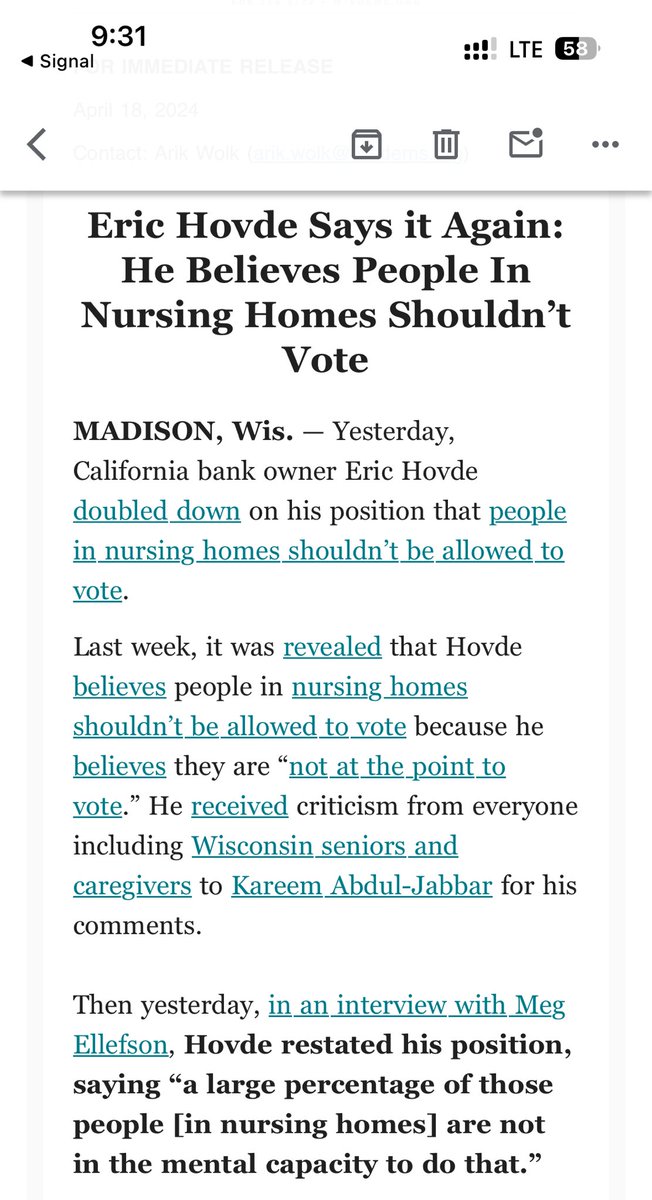 Inbox: GOP Senate candidate Eric Hovde says yet again that people in nursing homes shouldn’t vote Says the issue is “mental capacity”