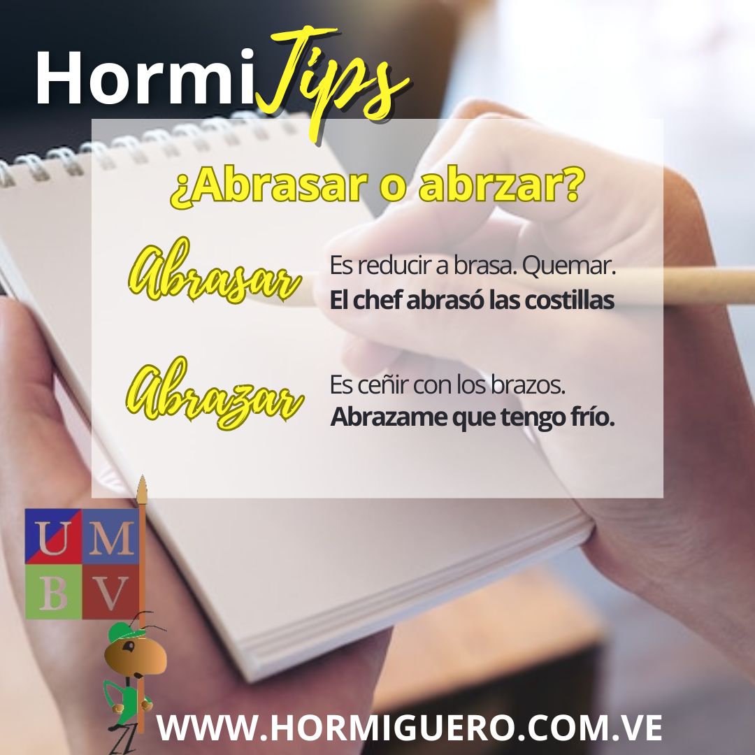 Hormiguero_UMBV's tweet photo. #Hormitips✍🏻🐜 
¿Cuál es el término correcto, abrasar o abrazar?
.
Las dos formas de escribir son correctas, lo que cambia es el significado de cada uno.
.
Toma nota de cada uno de nuestros tips de ortografía y aprende con hormiguero😉 https://t.co/sx5YVrg5Zo