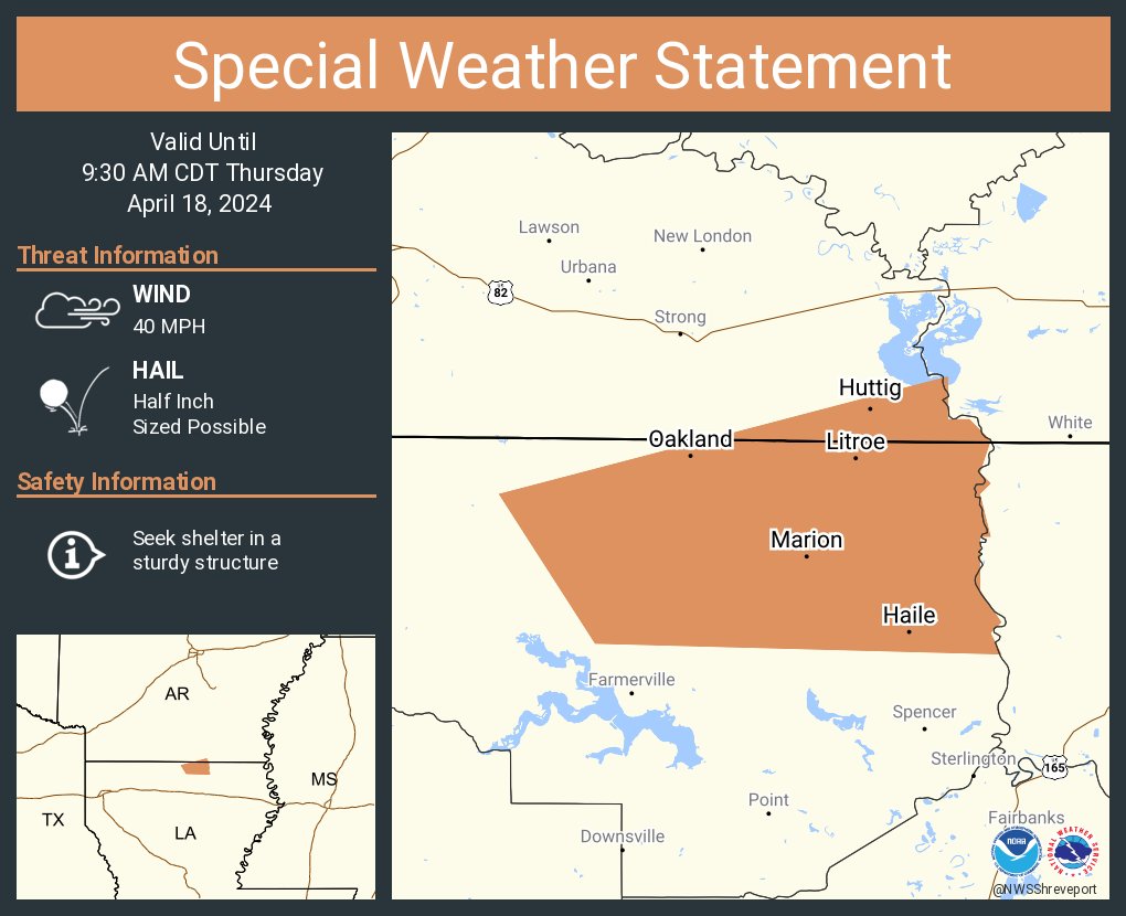 A special weather statement has been issued for Marion LA, Huttig AR and Litroe LA until 9:30 AM CDT