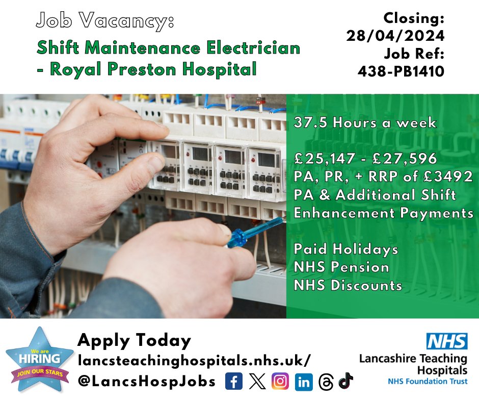 Job Vacancy: Shift Maintenance Electrician @LancsHospitals ⏰Closes: 28/04/2024 Read more and apply: lancsteachinghospitals.nhs.uk/join-our-workf… #NHS #NHSjobs #lancashire #Electrician #Preston #Estates