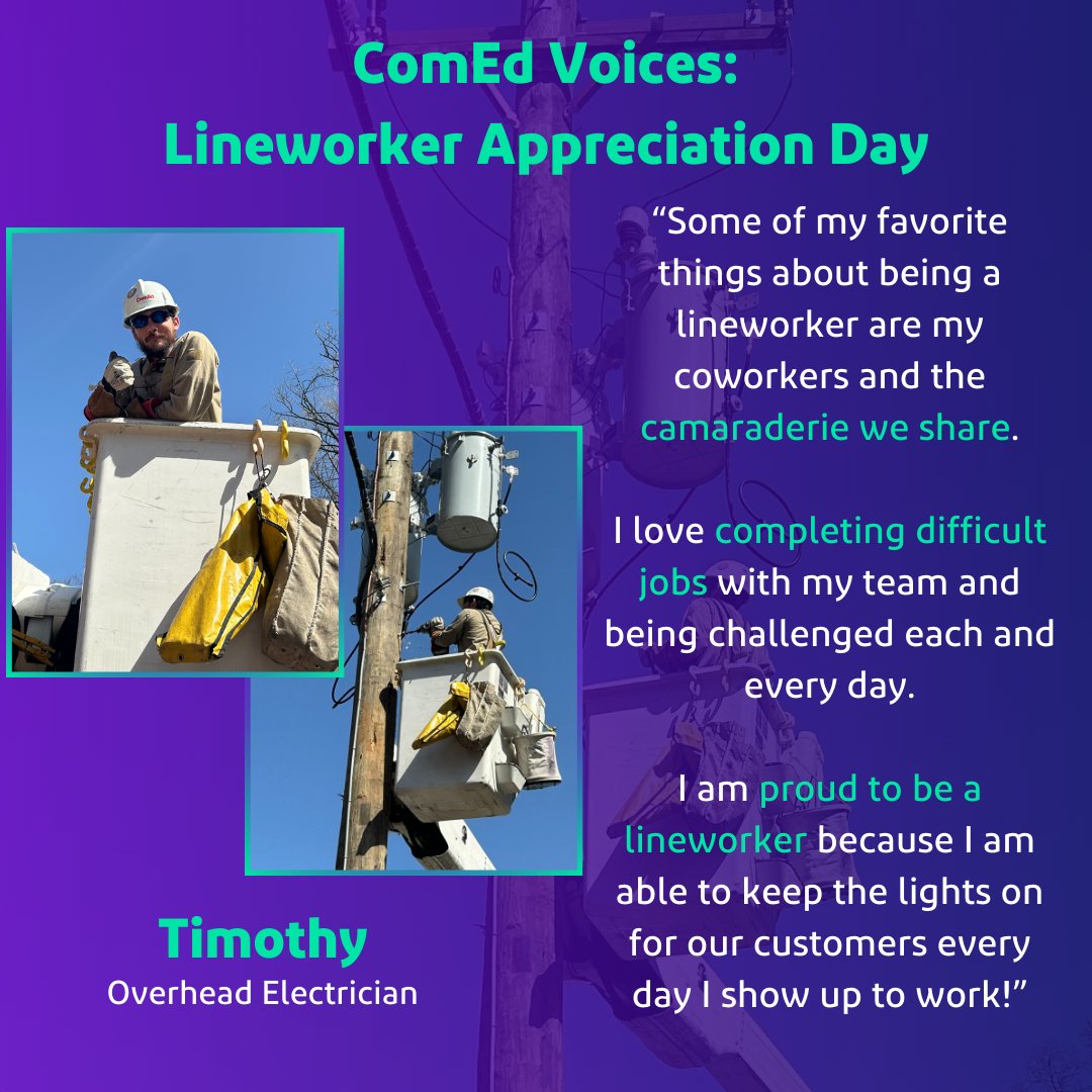 ComEd's tweet image. Today is National #LineworkerAppreciationDay! 👷 👷‍♀️ We&apos;re dedicating all of our posts to our field heroes today, starting with Timothy, our overhead electrician of four years. Check him out ⤵️ and stay tuned for more! #ThankALineworker #WeAreComEd
