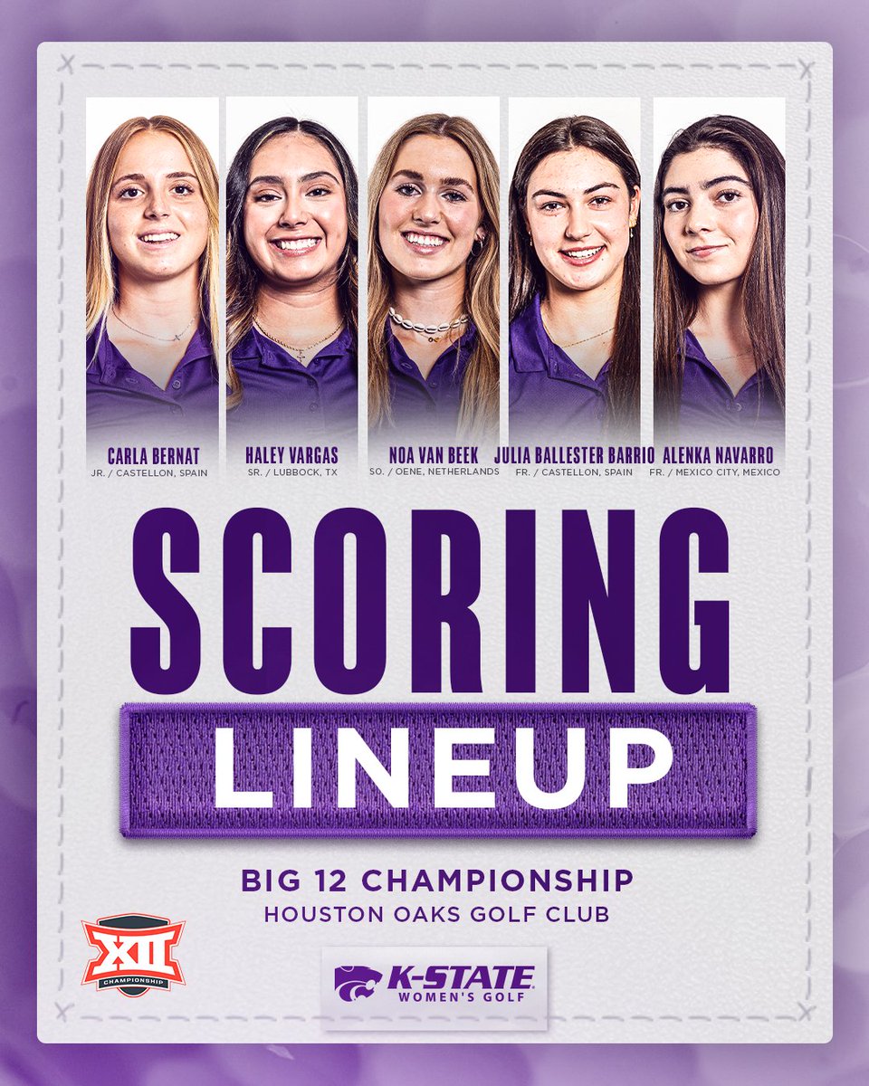 Our Big 12 Championship lineup! ⛳️ Houston Oaks Golf Club 🕰️ 10:00 AM 📊 k-st.at/3Q4DeHb #KStateWGolf x @Big12Conference