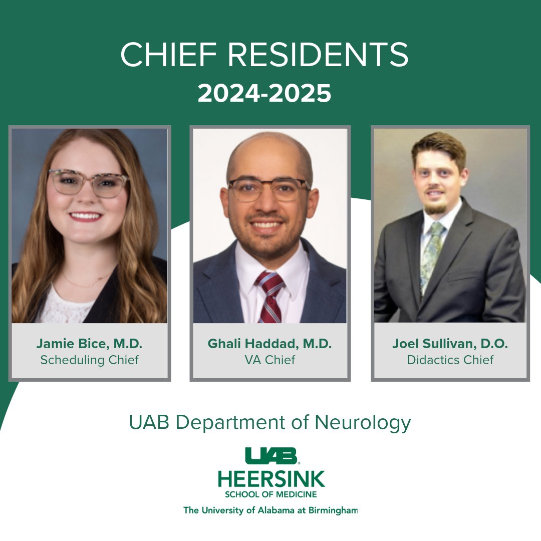 Join us in congratulating our chief residents for 2024-2025! They are Jamie Bice, M.D., Scheduling Chief; Ghali Haddad, M.D., VA Chief; and Joel Sullivan, D.O., Didactics Chief. #UABNeurology