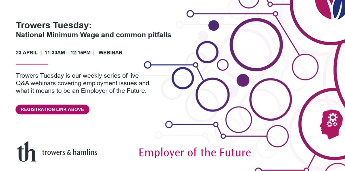 Next week for Trowers Tuesday, we will be discussing the National Minimum Wage. NMW compliance can often be a headache, and trickier than it first appears, so we will be highlighting common pitfalls and how to avoid them. Register here: bit.ly/3Jn6oxl