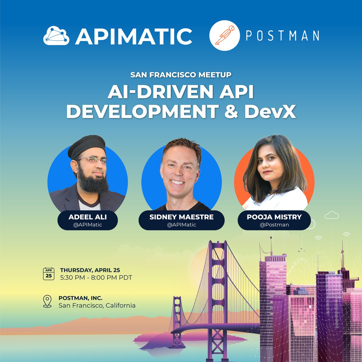 Spots are going fast, join @Adeelali25 and @poojamakes from @getpostman at the All Things API meetup next Thursday in San Francisco. Register: hubs.li/Q02tdgDR0