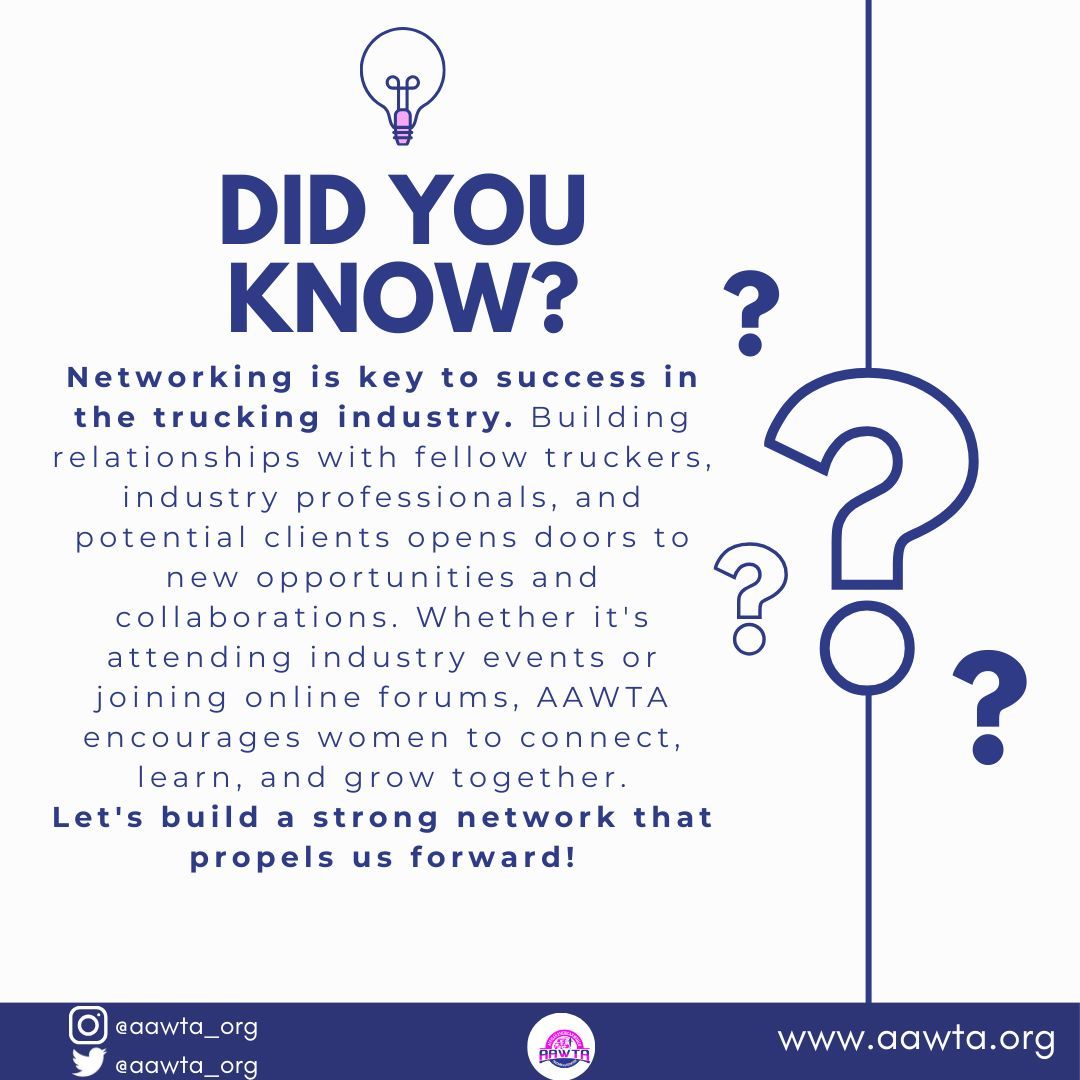🤝 Did You Know? 🤝

Networking is 🔑 to success in the trucking industry. Building relationships with fellow truckers, industry professionals, and potential clients opens 🚪 to new opportunities and collaborations. 

#NetworkingWorks #ConnectionsMatter #BuildingCommunity #AAWTA