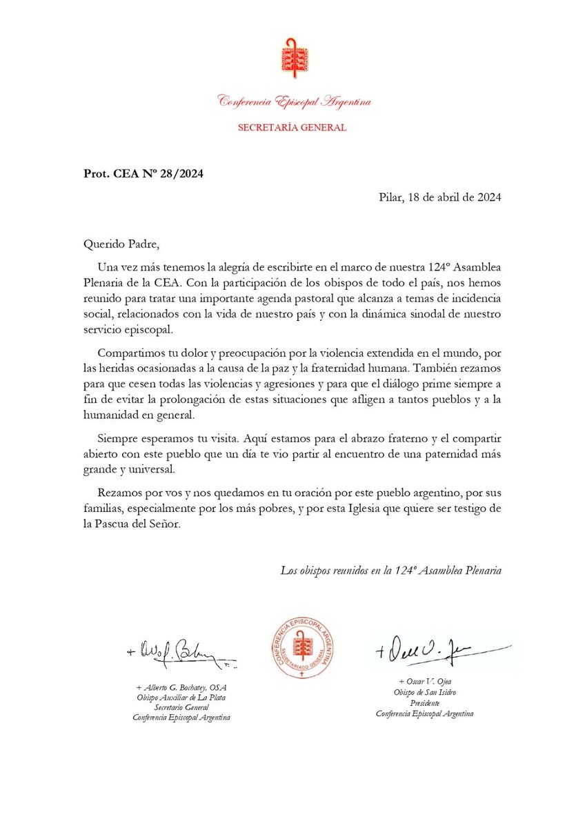 oscar_ojea's tweet photo. "Compartimos tu dolor y preocupación por la violencia extendida en el mundo, por las heridas ocasionadas a la causa de la paz y la fraternidad humana. También rezamos para que cesen todas las violencias y agresiones"
Carta a @Pontifex_es en la 124° Asamblea.
@EpiscopadoArg https://t.co/hRaDi49YFY