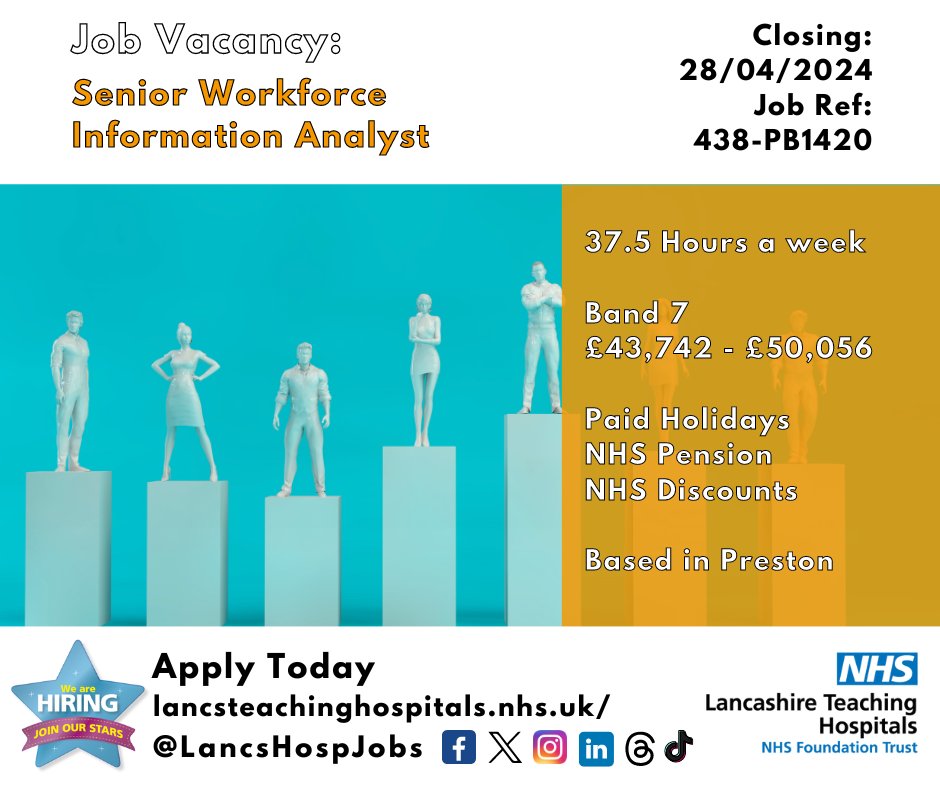 Job Vacancy: Senior #Workforce Information Analyst @LancsHospitals ⏰Closes: 28/04/2024 Read more and apply: lancsteachinghospitals.nhs.uk/join-our-workf… #NHS #NHSjobs #Preston #Lancashire #HR #HumanResources