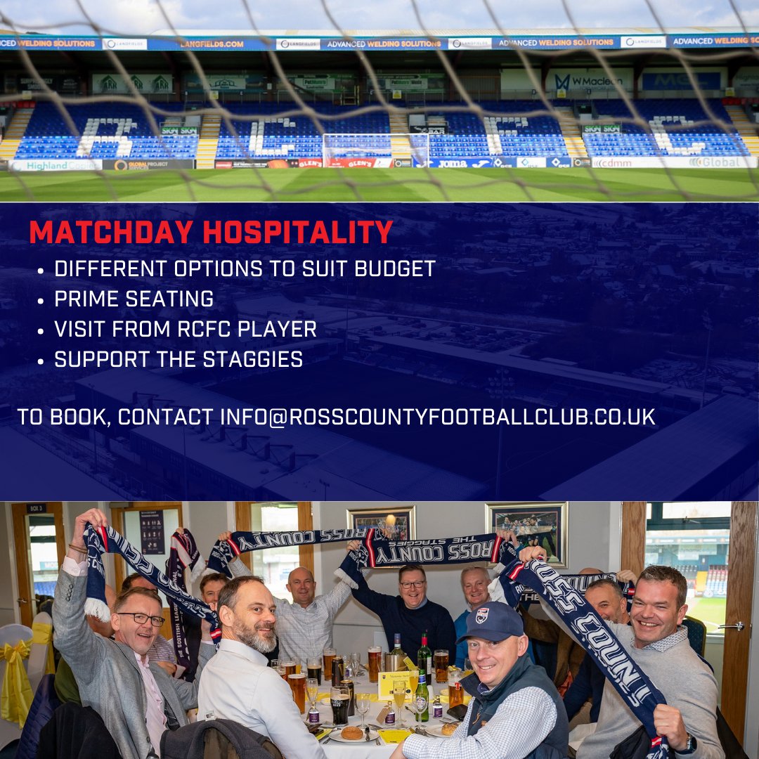 🍺 Matchday hospitality packages for our upcoming post-split fixtures against Hibernian, Motherwell and Aberdeen are available to book now. Contact info@rosscountyfootballclub.co.uk for more information.