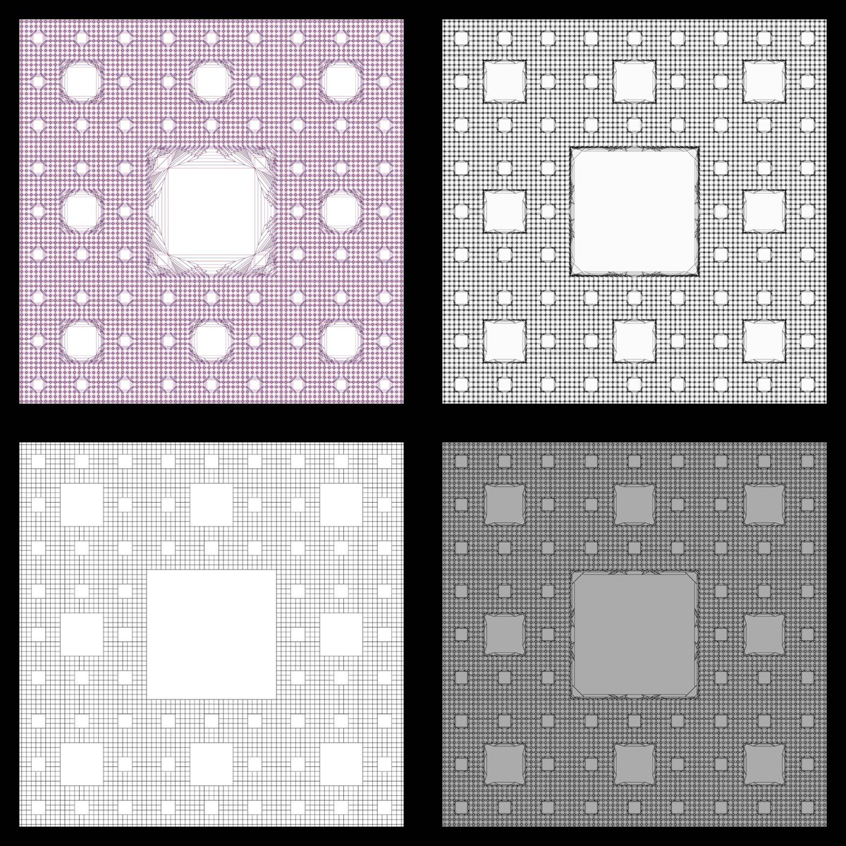 Sierpinski Carpet by <a href="/origamimagiro/">Jason Ku</a>
.
(1) crease pattern
(2) overlap graph
(3) one folded state
(4) the reverse side
.
Flat-Folder had a bug making it sometimes crash for CPs with over 55,296 faces. A quick fix now allows up to 1,056,768 faces. This CP has 118,641 faces.