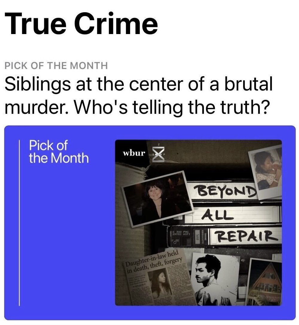 HUGE thanks to @ApplePodcasts for making #BeyondAllRepair their true crime pick of the month and helping more people find the show. 🙏