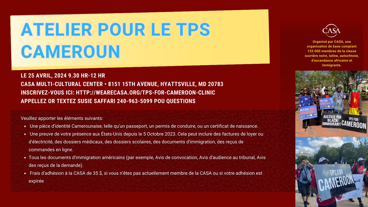 wearecasaorg's tweet photo. Join CASA's Legal Team on April 25, 2024, from 9:30 AM to Noon for a TPS for Cameroon Screening Clinic.

Sign up here: https://t.co/AsktxDavPD https://t.co/7M3WDGFYjr