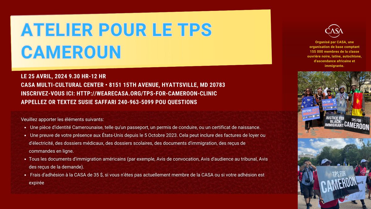 Join CASA's Legal Team on April 25, 2024, from 9:30 AM to Noon for a TPS for Cameroon Screening Clinic. Sign up here: wearecasa.org/tps-for-camero…