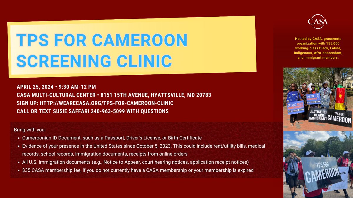 wearecasaorg's tweet photo. Join CASA's Legal Team on April 25, 2024, from 9:30 AM to Noon for a TPS for Cameroon Screening Clinic.

Sign up here: https://t.co/AsktxDavPD https://t.co/7M3WDGFYjr
