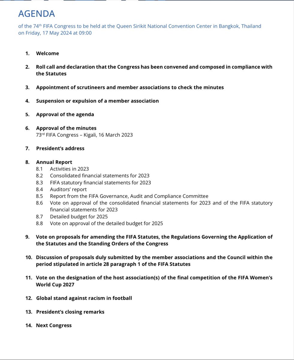 Here's the agenda for the 74th FIFA Congress, happening on May 17th at the Queen Sirikit National Convention Center in Bangkok, Thailand. It's encouraging to see @FIFAcom giving emphasis to women’s football.