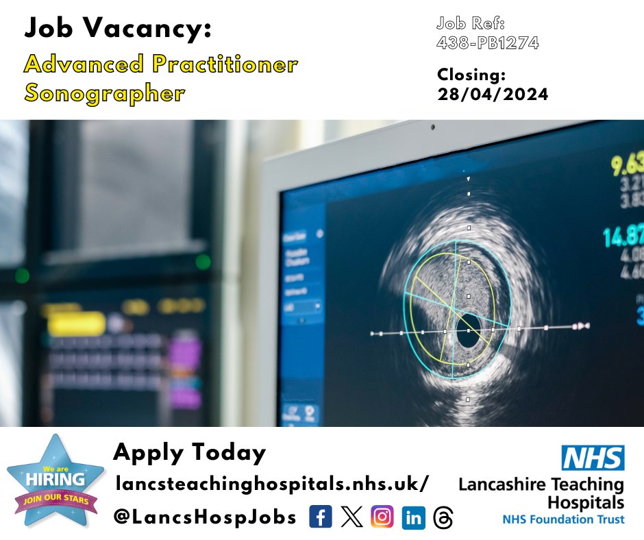 Job Vacancy: Advanced Practitioner #Sonographer @LancsHospitals We are for a highly motivated Sonographer with recent relevant experience to join a highly skilled and very friendly team! ⏰Closes: 28/04/24 Read more & apply: lancsteachinghospitals.nhs.uk/join-our-workf… #NHS #NHSjobs #lancashire