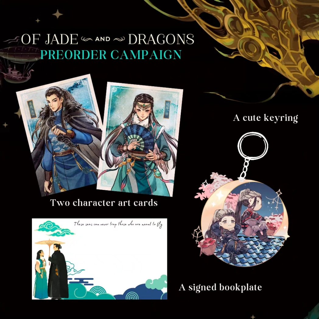 ✨️Of Jade and Dragons Preorder Campaign✨️ is open! Submit your receipt to receive: 💎 2 character art cards by @LeorenArt 💎 a cute acrylic keyring by @/hyst0112 💎 a signed bookplate with character art by @cheesy_cryptid and design by me! Form link in my bio!