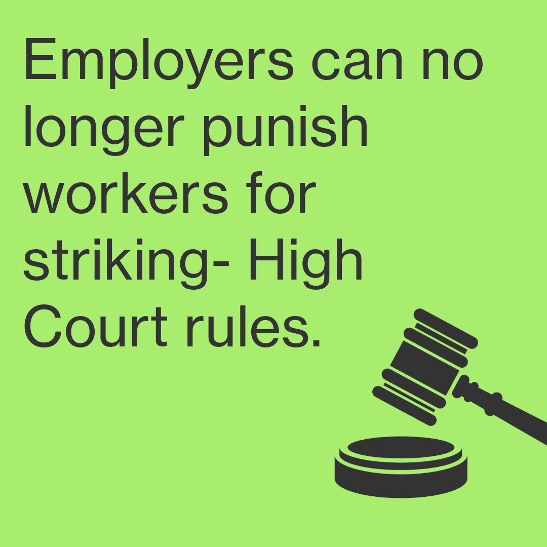 This is enormous reassurance to our striking members and a vindication of our right to take action. A huge win for UNISON. [img: graphic reading: 'employers can no longer punish workers for striking- high court rules.'] tiny.cc/clysxz