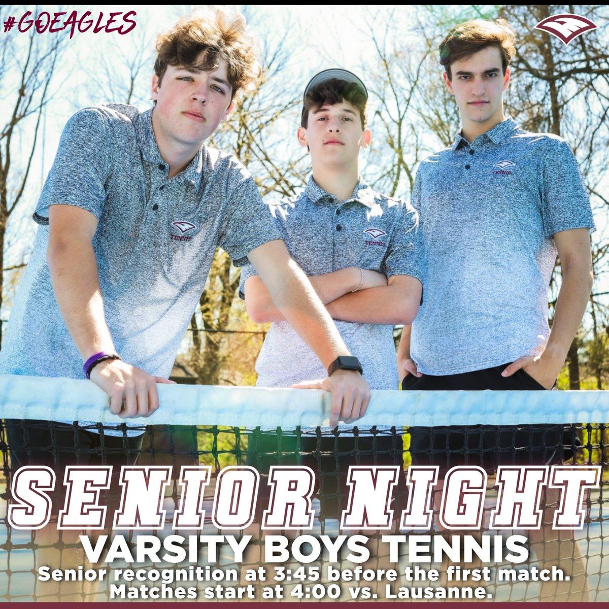 It's Senior Night for our Tennis Teams! Be there at 3:45 as we recognize Wilson, Henry, and Patrick before the matches start at 4:00 against Lausanne! #GoEagles