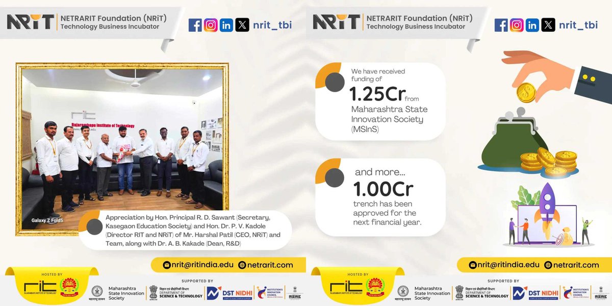 NETRARIT Foundation (NRiT) Technology Business Incubator hosted by KES RIT has received Rs.1.25 Crore from Maharashtra State Innovation Society (Govt. of Maharashtra) in 2023 -24 and also Rs.1 Crore has been sanctioned for the year 2024-25.

#DSTNIDHI #msins #RIT #startupindia