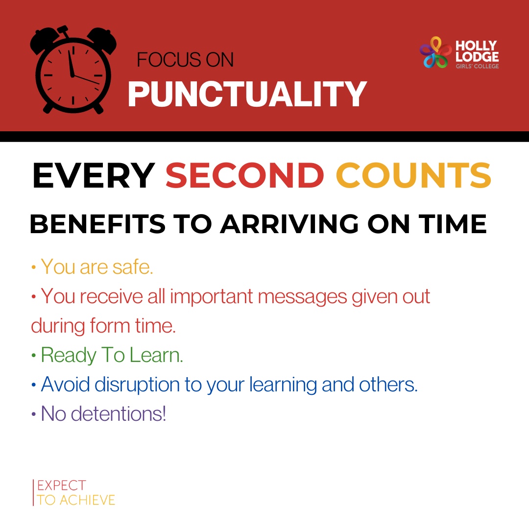 ✅ ⏰ Focus on… Punctuality ⏰ ✅

Every second counts.

If you would like support to improve your child’s punctuality, please contact your child’s Year Leader 

#hollylodgelife #expecttoachieve #attendancematters