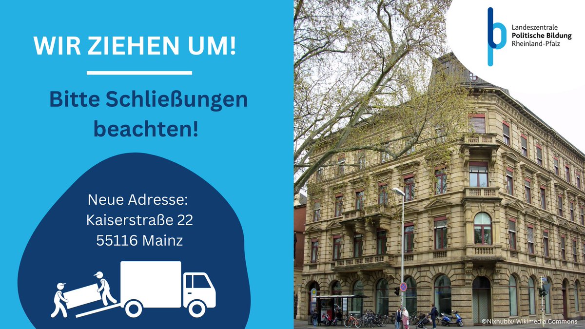 Nach über 50 Jahren im Kronberger Hof ziehen wir in die Kaiserstraße 22 in Mainz um. 🤩
Ab Montag, 22. April, muss die LpB deswegen für einige Wochen für den Publikumsverkehr schließen.
👉Mehr dazu unter: s.rlp.de/AIG9o