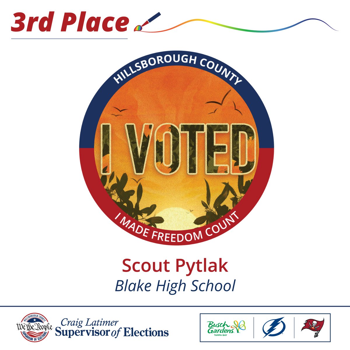 HillsboroughSOE's tweet photo. It's finally time to show off the hard work of some seriously talented students! Check out the designs of our three high school finalists โ including our new 'I Voted' sticker by Aurora Gomez Garcia! #VoteHillsborough #IVotedSticker #2024Elections https://t.co/ygIxRFXG12