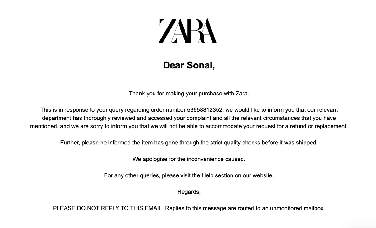 sonalpingle's tweet photo. @ZARA_Care  Extremely disappointed with Zara customer service! Received a wrong order worth half my payment, yet your team insists the warehouse got it right - even with proof provided! Stop misleading customers and making them pay for your mistakes! #Zara https://t.co/OfukEYJWw3