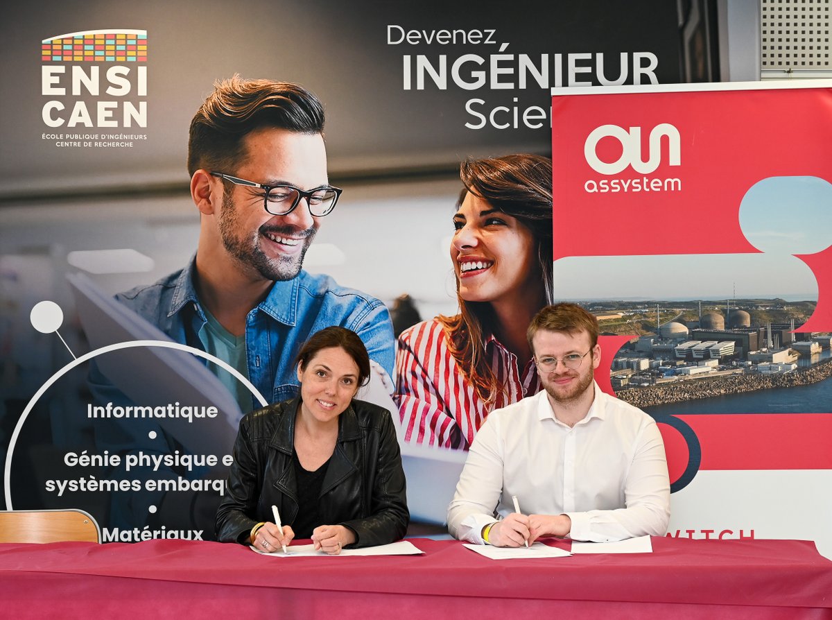 Martin MOUCHEL, Talent Acquisition Specialist chez @Assystem et Delphine VACQUEZ, directrice des relations entreprises de l’ENSICAEN ont signé une convention de #partenariat en faveur du développement des compétences en ingénierie et numérique pour la transition énergétique.