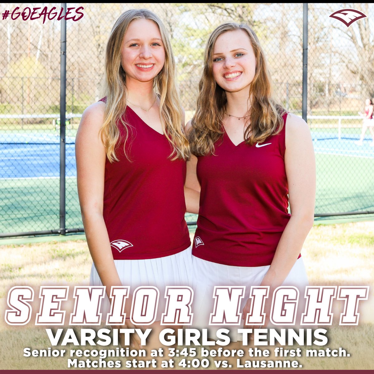 It's Senior Night for our Tennis Teams! Be there at 3:45 as we recognize Noelle and Savannah before the matches start at 4:00 against Lausanne! #GoEagles