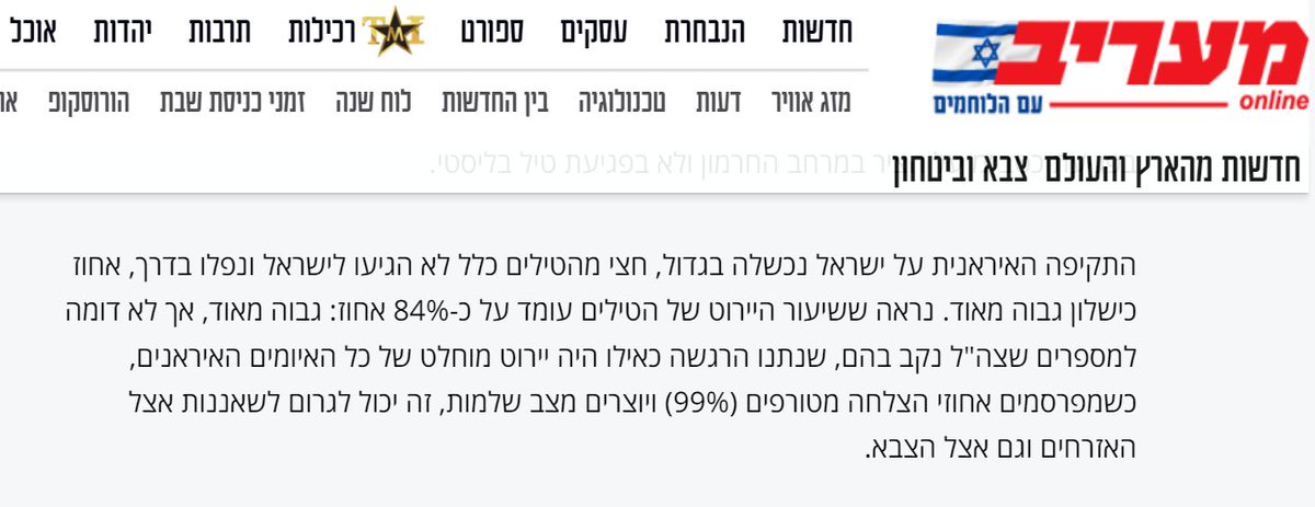 Israeli outlet Maariv: 'It seems that the interception rate of the missiles stands at about 84%: very high, but not similar to the numbers quoted by the IDF, which gave the impression of an absolute interception of all Iranian threats. When publishing crazy success rates (99%)
