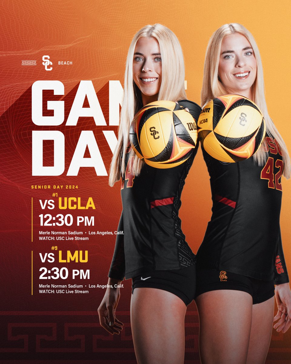 🏐 #USCBeach ⚔️ #GAMEDAY 🎓 SENIOR DAY 📍 | Merle Norman Stadium 🌡 | 72F ☀️ 📕 | tinyurl.com/y2uxc9hs 📱 | pac-12.com/live/usc-2 ⏰ | 12:30p 🆚 #1 UCLA 📊 | statb.us/b/521869 ⏰ | 2:30p 🆚 #9 LMU 📊 | statb.us/b/521870 #FightOn ✌️🏐🏆