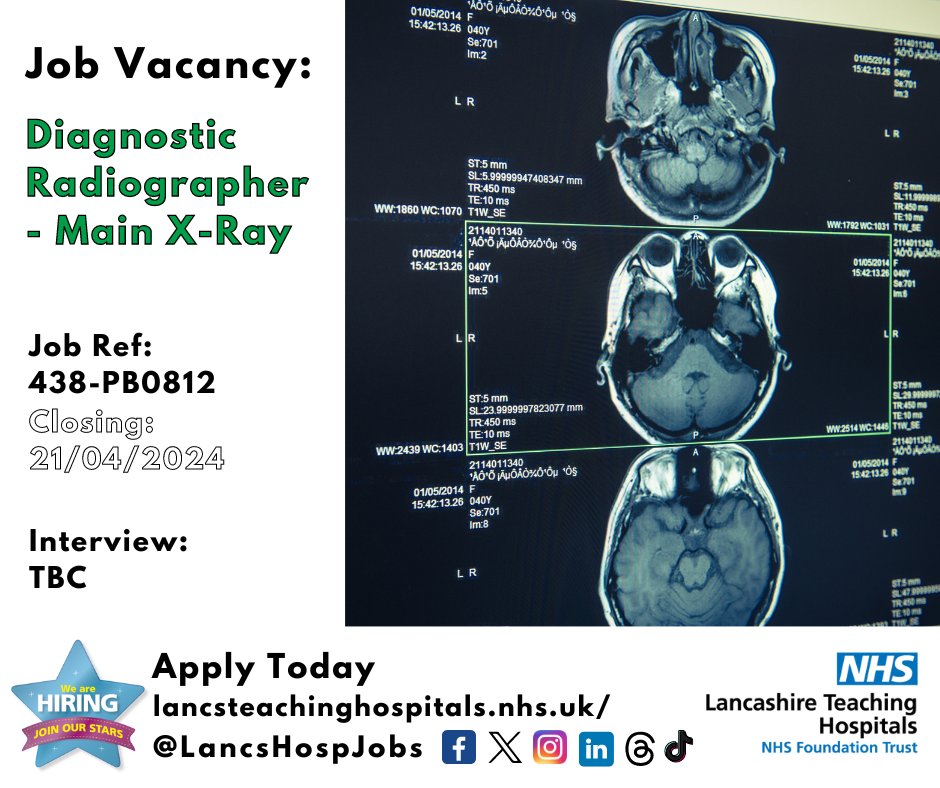 Job Vacancy: #DiagnosticRadiographer - Main X-Ray @LancsHospitals ⏰Closes: 21/04/2024 Read more and apply: lancsteachinghospitals.nhs.uk/join-our-workf… #NHS #NHsjobs #lancashire #lancashireJobs #Preston #Xray #Radiographer